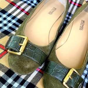 Michael Kors Suede flats with gold MK engraved buckle